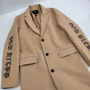 Forever 21 Faux Wool Tan Beige "God Bless" Trench Coat Buttons Men's Sz L‎ EUC